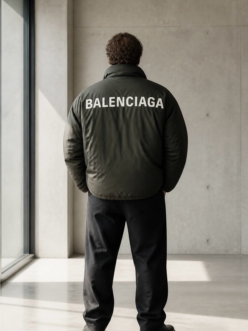 Balenciaga Men XL Black, Winter Puffer Jacket with White Logo in the Back
